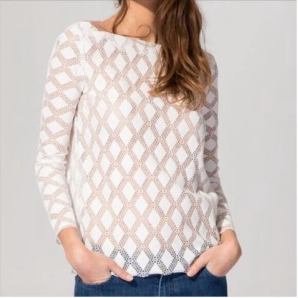 Maje White Lamour Diamond Lace Boatneck Sheer Long Sleeve Top Size M - Picture 1 of 9